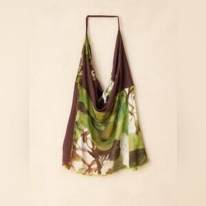 SHEIN Abstract Halter Cowl Neck Top Women’s‎ Medium Boho Y2K Mesh Brown Green
